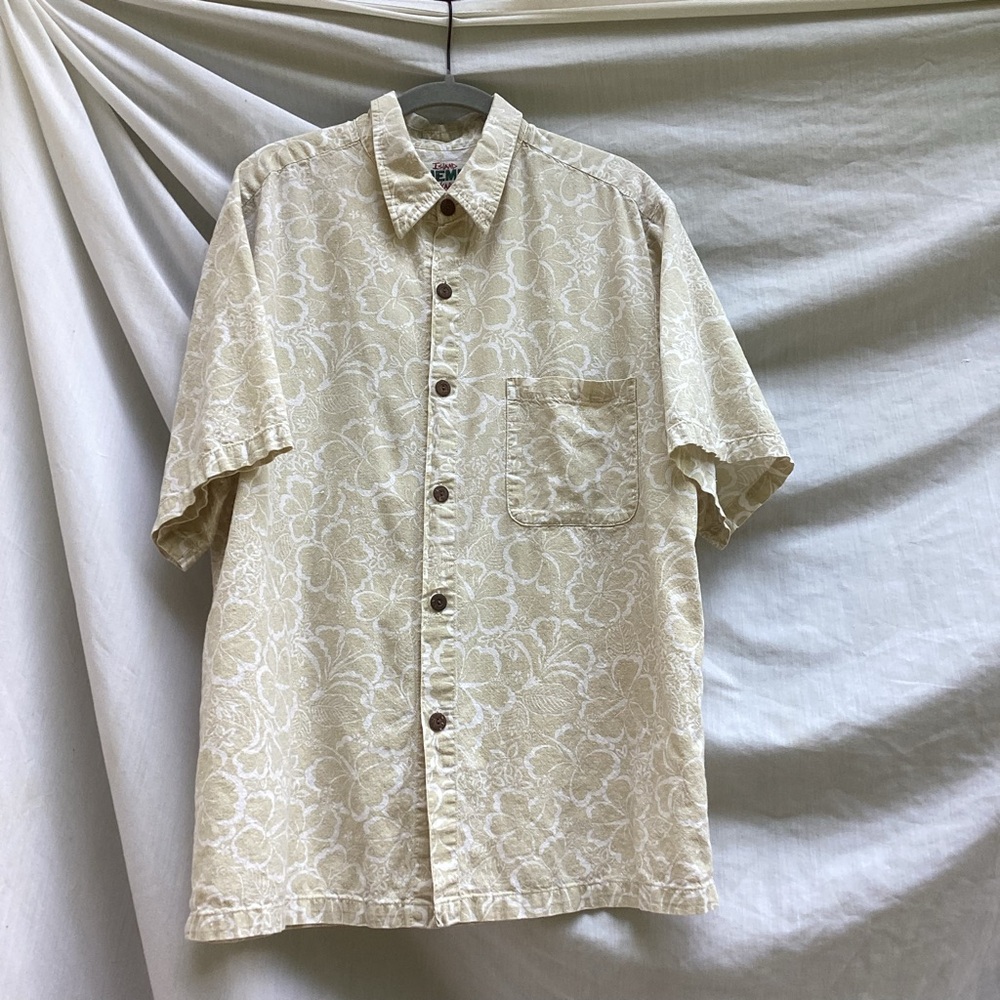 Island Hemp Wear Men's tan Hemp Floral Button Down Shirt, size large